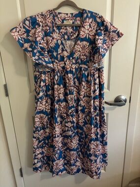 Anthropologie Maeve Blue Printed Flutter-Sleeve Babydoll Dress, Floral, Large
